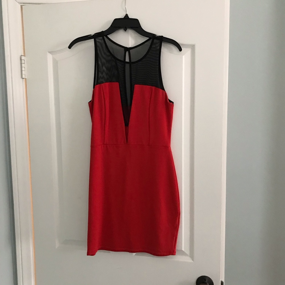 Red and black mesh top cocktail dress